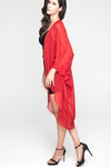 Model wearing 3 paneled red silk kimono facing left
